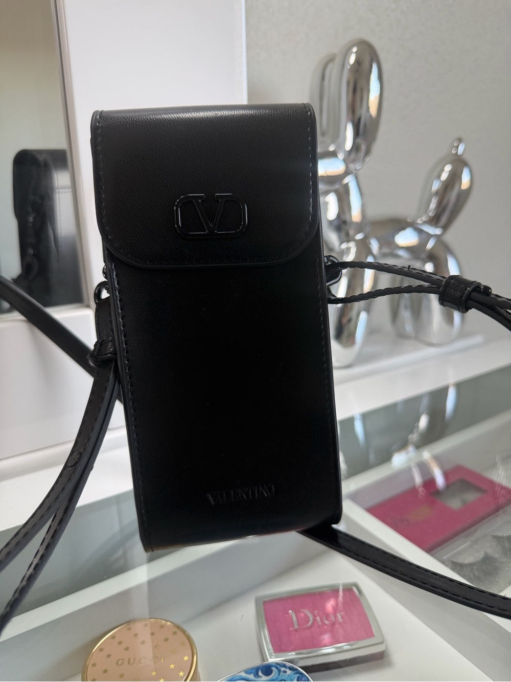 Valentino Black Leather Vertical Crossbody Phone Pouch - Picture 3 of 4